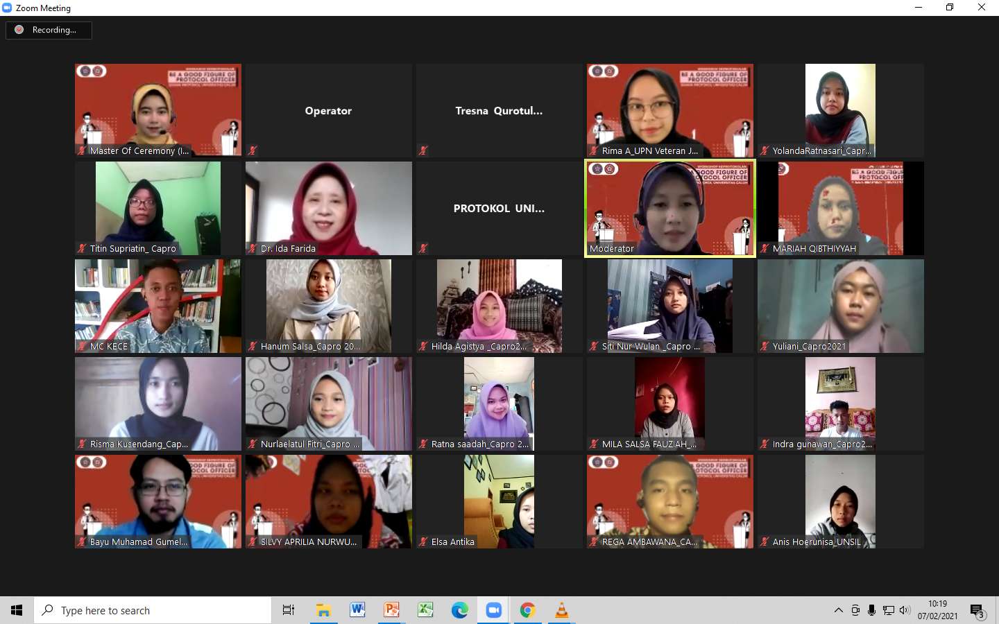Workshop keprotokolan dengan thema Be A Good Figure of Protocol Officer yang di selenggarakan UKM Buana Protokol Universitas Galuh, 7 Februari 2021 yang dilaksanakan secara daring