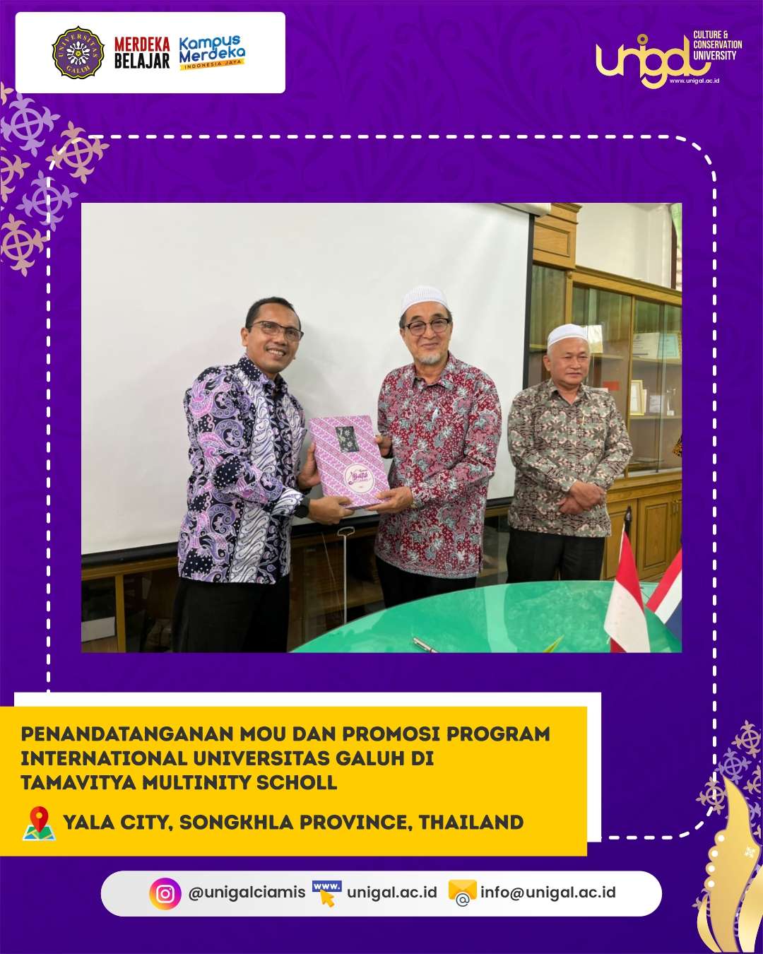 Penandatanganan MoU dan Promosi Program Internasional Universitas Galuh di TAMAVITYA MULTINITY SCHOOL, Yala City, Songkhla Province, Thailand