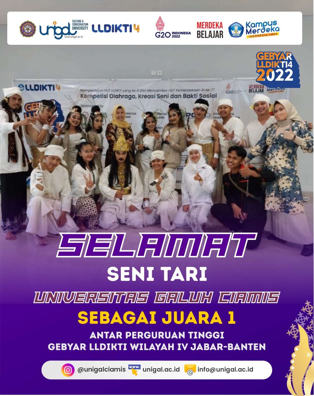 Selamat Seni Tari Universitas Galuh Ciamis Menjadi Juara 1 di Gebyar LLDIKTI 4 2022